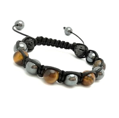 Damen Gestrickt Armband Tigerauge Stein hämatit Lava Perlen armreif makrame - Bild 1 von 2