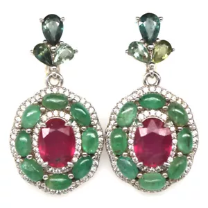 925 Sterling Silver 7 x 9 mm. Red Ruby, Emerald, Sapphire & Zircon Earrings - Picture 1 of 4