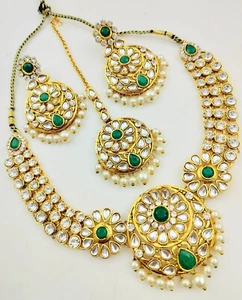 Green Cz Kundan Pearl Gold Tone Indian Bollywood Necklace Set Wedding Jewelry - Bild 1 von 5