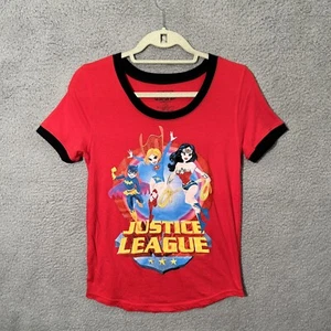 Justice League Unlimited OL Graphic Sparkle Crew Neck Top Women's L Red - Picture 1 of 6