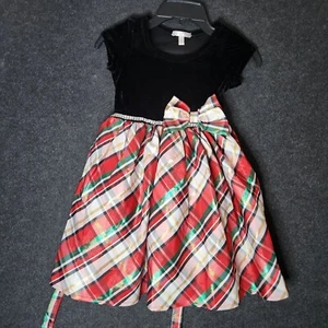 Tahari Girl Velour Plaid Skirt Dress size 4 with bow Winter Christmas Holiday - Picture 1 of 4