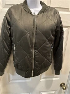 Forever 21 Women's Sz Small Satin Zip Bomber Jacket Olive Shiny - Picture 1 of 5