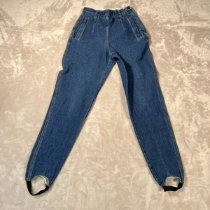 Vtg 80s Stretch Dark Denim Taper Leg Stirrup Jeans High Mom Waist Side Zip Sz 6 - Picture 1 of 11