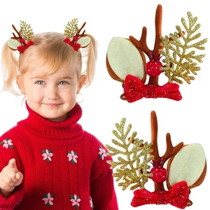 Christmas Bow Hair Clips Red Gold Reindeer Antler 2PCS Holiday Accessories - Picture 1 of 8