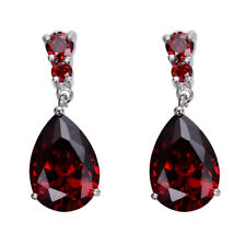 Women's Fashion Popular Silver Luxury Red Zircon Stud Drop Hoop Earrings Gift