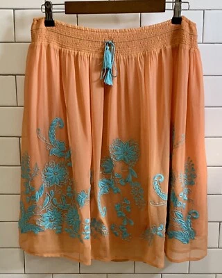 Falda Floral SUNDANCE Coral Seda Turquesa Bordada Talla M Cintura Elástica Boho Foto 1 de 4