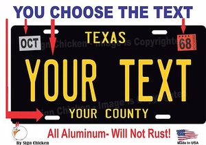 Placa de Texas Personalizada Personalizada Automóvil Bicicleta Etiqueta NEGRA - Imagen 1 de 3