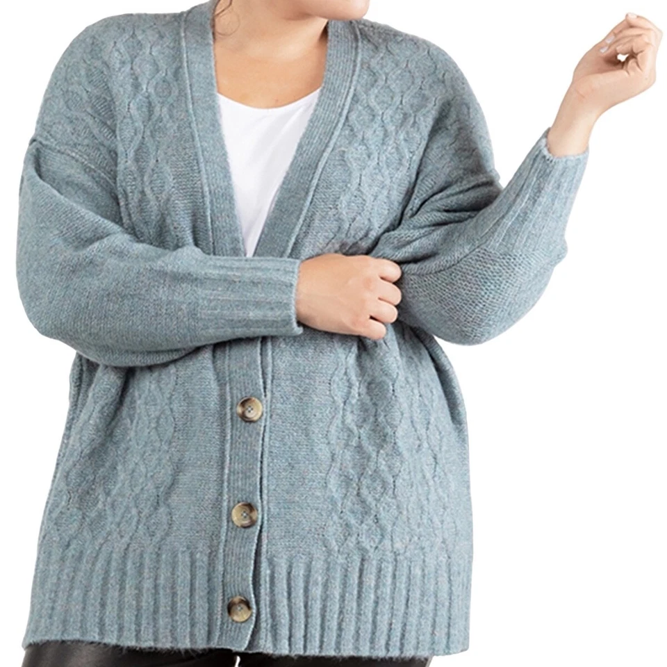 Black Tape Womens 1X Button Front Cardigan Sweater Teal Multi Textured Long Slv