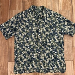 Cubavera Mens Hawaiian Shirt Green Blue Floral Short Sleeve Button Down Linen L - Picture 1 of 6