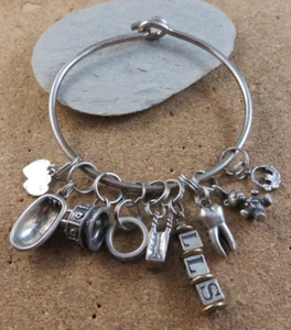 Vintage Sterling Silver Bangle 9 Charm Bracelet Latch Clasp Bath Tub Molar #340 - Picture 1 of 24