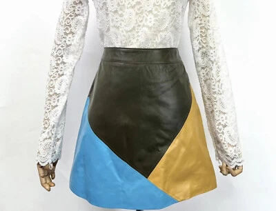 Minifalda para mujer de piel de cordero real con retazos línea A cintura S EE. UU. 29,5"" Foto 1 de 4