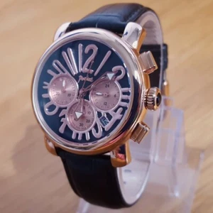 Mens Ladies Black Leather Rose Gold Retro Pop-Art Chrono Watch PK2052 NEW - Picture 1 of 11