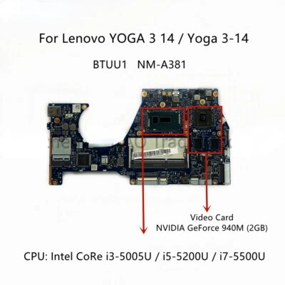 For Lenovo Yoga 3-14 YOGA 3 14 Motherboard i3-5005U i5-5200U i7-5500U GT940M 2GB - Image 1 of 2