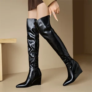 Casual Womens Pointed Toe Wedge Heels Zip Slouch Over the Knee Boots Sexy Shoes - Picture 1 of 21