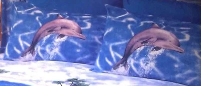 PILLOWCASE PAIR SPLASH DOLPHIN BLUE WHITE GREY OCEAN WAVES HOUSEWIFE - Image 1 of 2