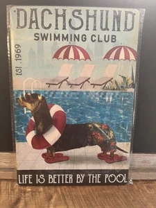 Dachshund Swimming Themed 12"x8" Tin Decor Sign NEW - Picture 1 of 3