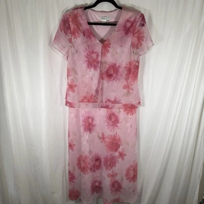 Coldwater Creek Midi Dress Women's Petite 14 Pink Floral Vneck Short Sleeve - Image 1 of 4
