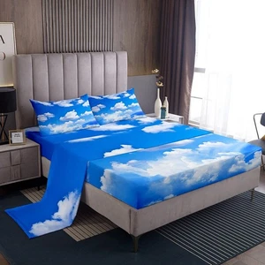 Blue Sky and White Clouds Sheet Set Full Size for Boys Teens, Kids Kawaii Fit... - Bild 1 von 6