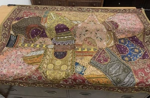 62” x 44” Antique Tapestry Wall Hanging Embellished w Sequins Pearls Gold Thread - Picture 1 of 9