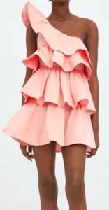 ZARA Rosa Koralle One Shoulder Rüschen Mini Party Kleid Damen Größe Medium - Bild 1 von 9