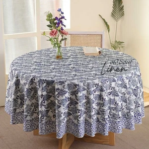 Cotton Hand Block Floral Farmhouse Round Tablecloth Dining Decor Table Cover - Picture 1 of 6