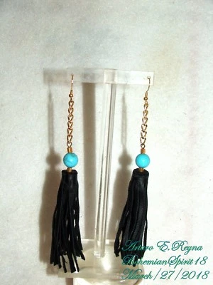 PENDIENTES COLGANTES ARTURO E. REYNA NATURAL TURQUESA CUERO NEGRO BORLA Foto 1 de 4