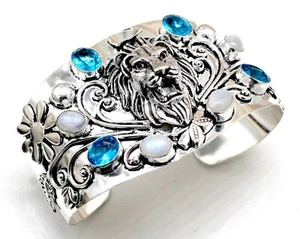 925 Sterling Silver Moonstone & Topaz Gemstone Jewelry Cuff Bracelet Size-ADJ " - Picture 1 of 7