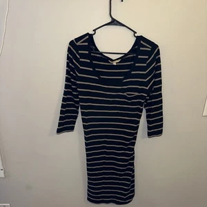 Banana Republic Dress Womens Medium Black White Stripe Belted 3/4 Sleeve Casual - Picture 1 of 14