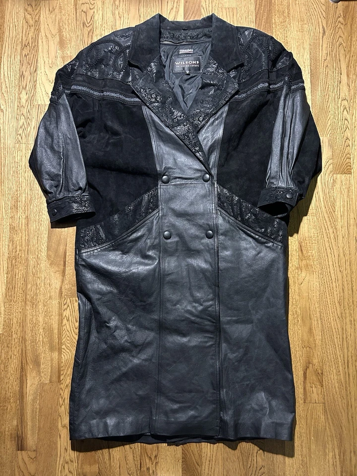 Gabardina de cuero Wilson’s para mujer XL negra cachemira botones pattereados romance Foto 1 de 4