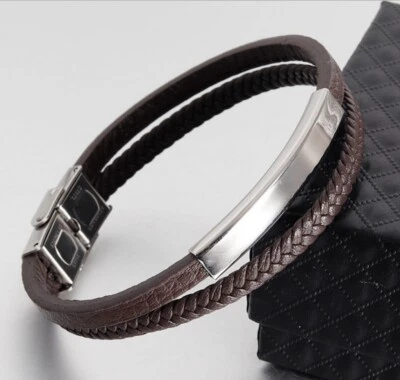 Men / Women Silver Bar Brown Braided Genuine Leather Band Bangle/ Bracelet 6-9" - Image 1 of 2