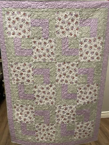 Handmade Baby Quilt, Floral in Mint and Lavender, Crib Size 42 x 61 - Picture 1 of 5