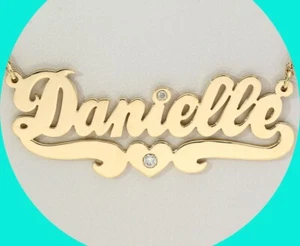 Natural Diamond Danielle Nameplate Necklace Yellow Gold Script 16" Long - Picture 1 of 8
