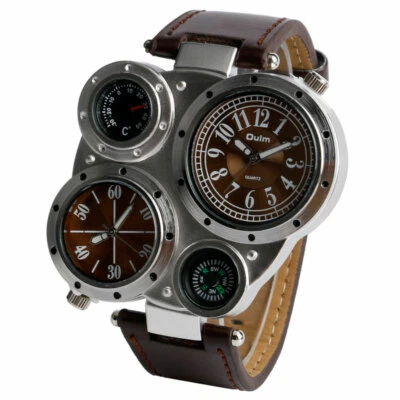 Modern Oulm Two Dial Timezone Brown Leather Band Men's Quartz Wrist Watch Reloj — 第 1/4 张图片