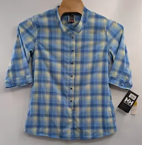 Helly Hansen Top Womens Large Blue Plaid 3/4 Sleeve Pockets Snap NWT - Picture 1 of 8