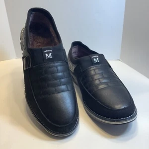 M Fashion Men’s Driving Shoe Fur Lined Black Leather Slip On Mens Size 8.5M New - Picture 1 of 7