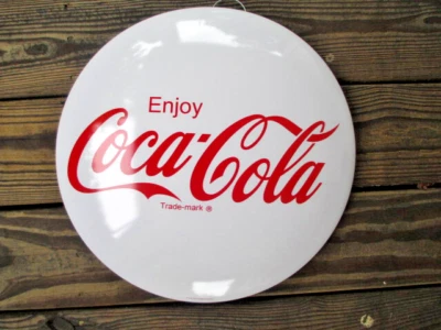 Coca-Cola Disc Metal Button Sign Red Script Logo White Coke Retro 16" - Image 1 of 4