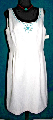 NUEVO CON ETIQUETAS $70 STUDIO I Vestido Blanco Mezcla Algodón Turquesa Cuentas Cuello Redondo Talla 14 Funda Foto 1 de 4