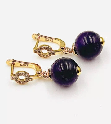 Pendientes de plata de ley 925 chapados en oro piedra amatista pulida natural (12 mm) Foto 1 de 2