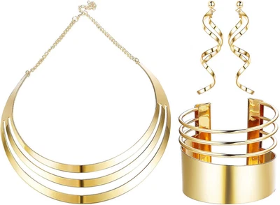 Bib Choker Necklace Set for Women Wide Cuff Bangle Bracelets Long Statement Dang - Image 1 of 4