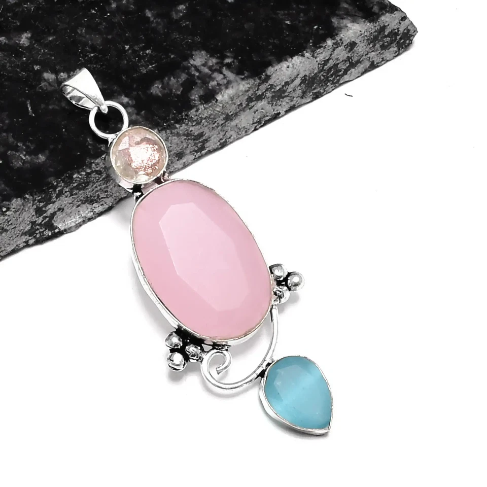 Rose Quartz Blue jasper Ethnic Handmade  Pendant Jewelry 3.12" P-1061 - Изображение 1 из 1