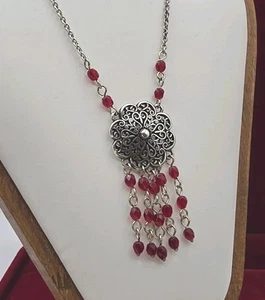 Brighton Queen Anne Necklace Silver Filigree Red Bead Fringe Medallion Pendant - Picture 1 of 9