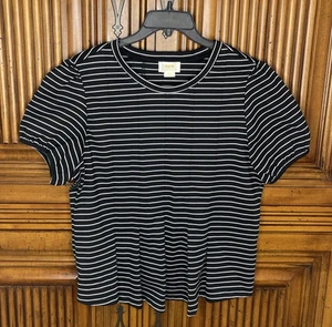 Maeve Womens Top Large Black White Stripe Boho Smocked Pleated Office Everyday - Picture 1 of 13