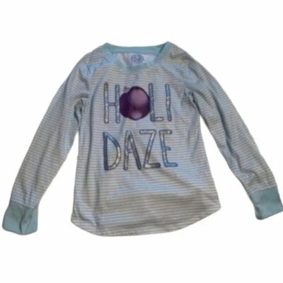 So Girls Size 7/8 Long Sleeve Pajama Shirt Blue White Stripes Holidaze Silver - Image 1 of 4