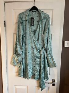 Boohoo Paisley Print Wrap Shirt Dress In Blue Size 18 Brand New With Tags