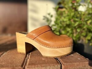 Swedish Hasbeens Louise Clog Brown Heel Wood Rubber Leather Size Eu 38 US 8