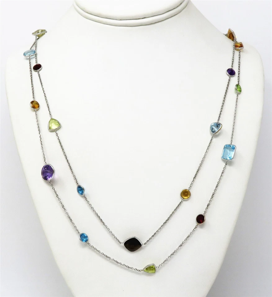NYJEWEL 14k White Gold Multi Color Gemstone Station Long Necklace 50" Foto 1 de 1