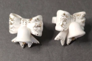 Pair Rare Vintage LEFTON Christmas Wedding BELL BOW Candle Huggers Climbers Gold - Picture 1 of 8