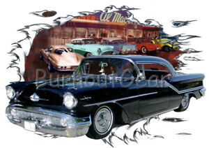 1957 Black Oldsmobile Custom Hot Rod Diner T-Shirt 57 Muscle Car Tee