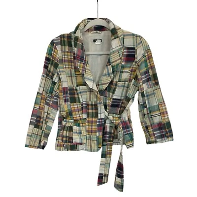 J. Blazer Crew Feminino 2 Patchwork Amarelo Vermelho Azul Madras Xadrez Laço Frente Jaqueta - Imagem 1 de 4