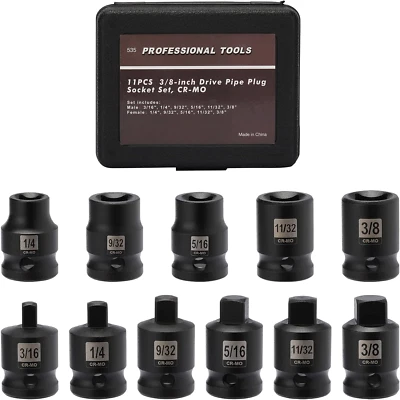 11PCS 3/8" Drive SAE Pipe Plug Socket Set Tapered Male & Female Square Drive Cha - Image 1 of 4